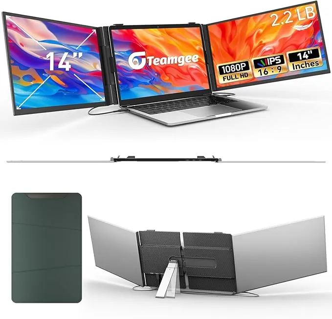 Teamgee Monitor Portátil 14“, ultradelgado y Ligero de 0,9 kg con Soporte Ajustable, FHD 1080P para portátiles de 13,3-17,3, Wins/Mac/Dex/Chrome, para Viajes/Juegos/Trabajo