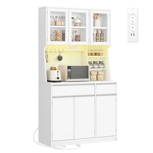 Hzuaneri Alacena de Cocina, Aparador Comedor, con Toma y Tira LED, Blanco