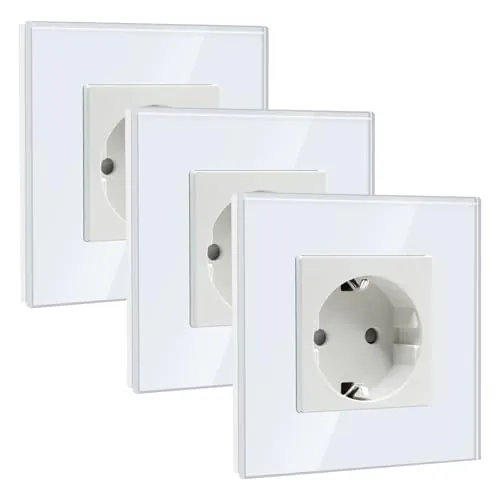 BSEED Enchufe Schuko 1 Gang 3 Pack, Enchufe de Pared 16A con Placa de Cristal 86 * 86mm, Blanco