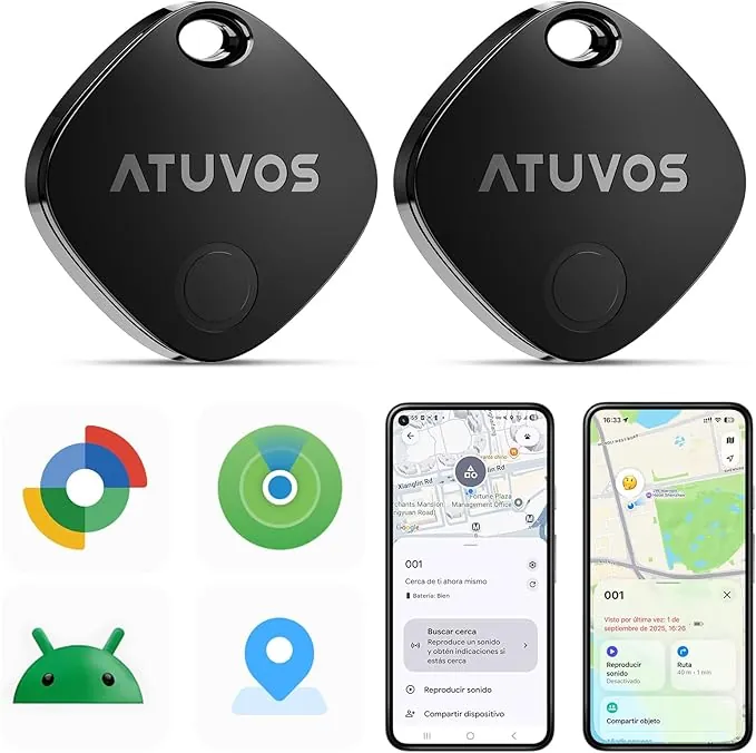 ATUVOS Air Tag Pro Smart Tag Tracker para Android & iOS, Dual Sistema Buscador de Objetos Compatible con Google Localizador o Apple Buscar APP, para Llaves/Equipaje/Maleta.Batería Reemplazable. 2 Pack