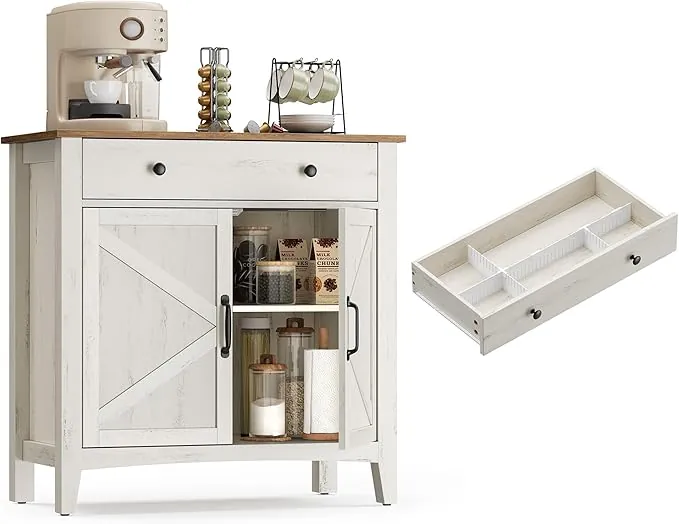 VASAGLE Aparador, Armario de Almacenaje con Cajón, Armario de Cocina con Puertas y Estante Regulable, Estilo Campo, para Salón, Comedor, 40 x 80 x 80 cm, Blanco Rústico y Marrón Miel BBK341W01