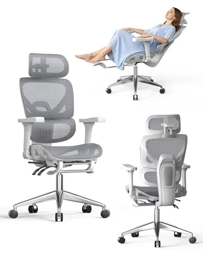 Naspaluro Silla Ergonomica Escritorio con Reposapies, Load 160 kg, Gris | Malla transpirable, high back silla oficina, reposabrazos 3D, reposacabezas 3D, respaldo ajustable, inclinación 135 grados