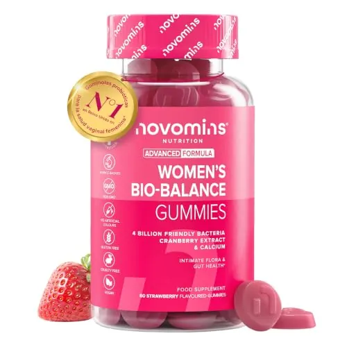 Probioticos Mujer Flora Intima | 4 Mil Millones UFC y 3 Cepas | Novomins | 60 Gominolas | con Calcio y Arándano Rojo | Multivitaminas Mujer con Probioticos | Vegano y Sin Gluten | Sabor Fresa