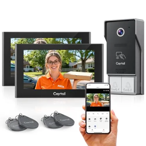 Caytail Videoportero WiFi 2 Hilos, 2 Monitores Táctiles 7" IPS, WiFi6 2.4/5GHz, 1080P HD Timbre Video Sistema Intercomunicador, Detección Humana, Desbloqueo Remoto App/RFID, Kit para 2 Familias