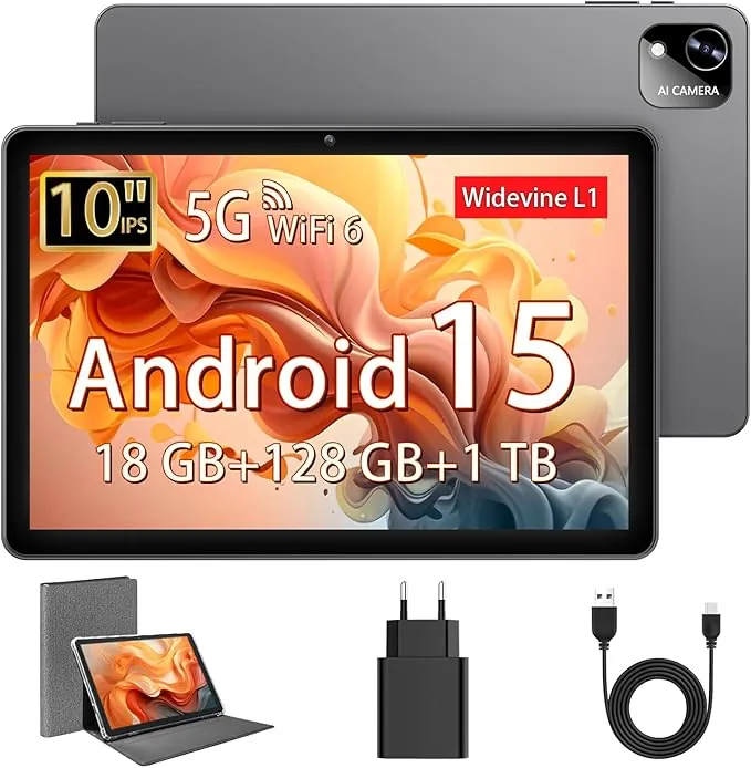 Tablet 10 Pulgadas, Tableta Android 15 con Funda, Octa-Core, 18 GB RAM + 128 GB ROM + 1 TB TF, Pantalla HD IPS 1280 x 800, Cámara Dual 5MP + 8MP, 6000 mAh, WiFi 6, BT 5.0, Widevine L1, GPS, K302