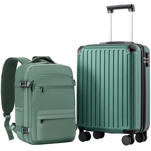 COOLIFE Maleta de cabina 55 x 40 x 20 cm para avión Ryanair, equipaje de mano, equipaje de cabina, maletín rígido con cerradura TSA y 4 ruedas gemelas (Verde Oscuro, 55 x 40 x 20 cm - Set de 2 piezas)