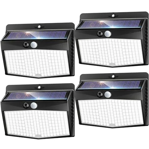 nipify Luz Solar Exterior con Sensor de Movimiento,3 Modos / 4 Paquete Focos Solares para Exterior, Impermeable Luces Solares Led Exterior para Jardín, Garaje, Calle, Patio, Caminos