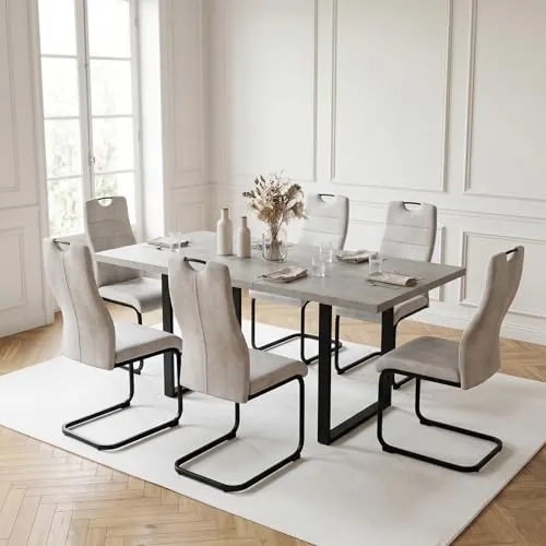 JIEXI Juego de 6 mesas de comedor extensibles, tablero de MDF de 130-170 cm, sillas voladizas de tela gris para cocina, comedor, apartamento