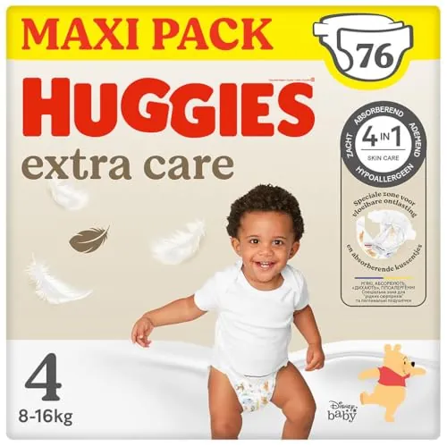 Huggies Extra Care Pañal para bebé con diseños Disney Talla 4 (8-14 kg), 2 packs x 38 pañales, 76 pañales con almohadillas extra suaves que cuida de la piel del bebé