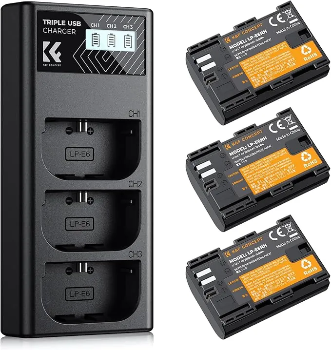 K&F CONCEPT LP-E6NH 3 Pack 2250mAh Batería y Cargador de 3 Ranuras Compatible con Canon EOS R7, R6, R5, 5D Mark II/III/IV, 6D, 6D Mark II, 7D II, 90D, 80D y 70D
