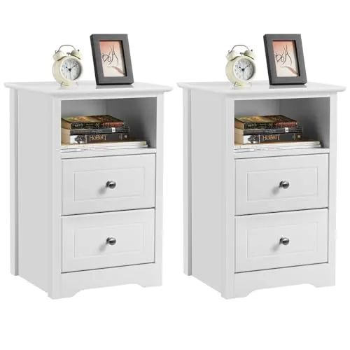 Yaheetech Mesitas de Noche con 2 Cajones 40x35x60cm | Mesillas de Noche Vintage para Dormitorio Mesita de Madera Lacada para Cama Blanco