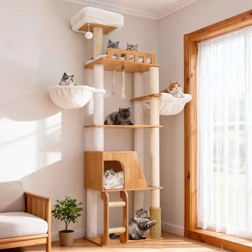 Hey-brother Rascador para Gatos Madera, con 2 Plataformas, Cueva, MPJ121WB | 184cm Árbol para Gatos, Hamaca, Cesta, Cepillo para Mascotas, Sisal Escalera, Cuerda sisal, para Gatos Interior, Nogal