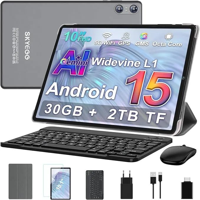 Tablet 10 Pulgadas Android 15 con Gemini AI, 30 GB RAM + Ampliable 2 TB ROM, Octa-Core, Widevine L1, WiFi 5G, Cámara 8 MP + 5 MP, Batería 6000 mAh, con Teclado, Ratón y Funda – Gris