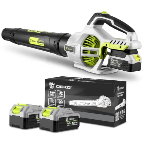 DEKOPRO Soplador de Hojas Inalámbrico de 20 V, Incluye 2 Baterías de 4,0 Ah, 650 CFM de Caudal, 2 Velocidades, Soplador de Hojas para Portales, Jardines, Limpieza de Hojas Caídas y Nieve