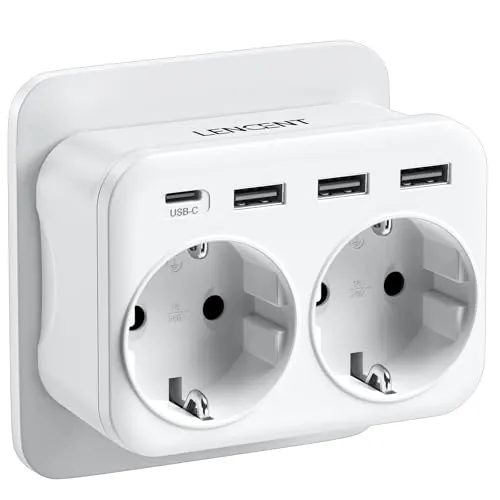 LENCENT Ladron Enchufe USB 4000W, Enchufes 6 en 1, 2 Tomas de CA, 3 USB y 1 Tipo C, Ladron Enchufe Multiple Pared con USB, Cargador Tipo-C de Móvil, Adecuedo Familia, Cocina y Oficina