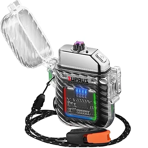 SUPRUS Encendedor luminoso 3 modos de linterna a prueba de viento impermeable - Eléctrico recargable Plasma Dual Arco con silbato de emergencia de supervivencia y cordón