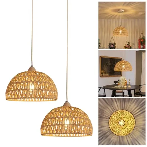 YNDD 2Piezas Lámpara Colgante Ratán, Boho Vintage Luz de Techo, Rústica E27 Retro Luces de Araña, Pantalla de Cuerda de Tejida a Mano Iluminación Comedor para Dormitorio Salón Pasillo Cocina Ø: 30cm