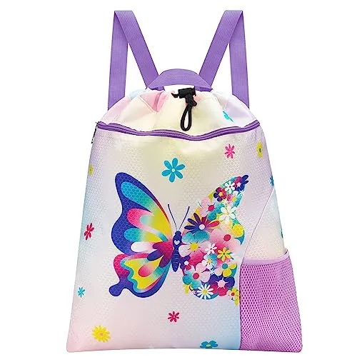 WAWSAM Mochila Cuerdas Infantil de Mariposa - Niña Mochila de Cuerdas Impermeable Bolsa de Gimnasia para Niños Bolsa Dscuela Yoga Playa Viaje Natación Mochila con cordón