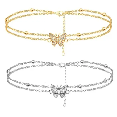 2 Tobilleras, Tobilleras De Doble Capa En Forma De Mariposa, Adornos para Tobillos Femeninos, Piezas A Juego para La Moda De Verano (Dorado, Plateado).