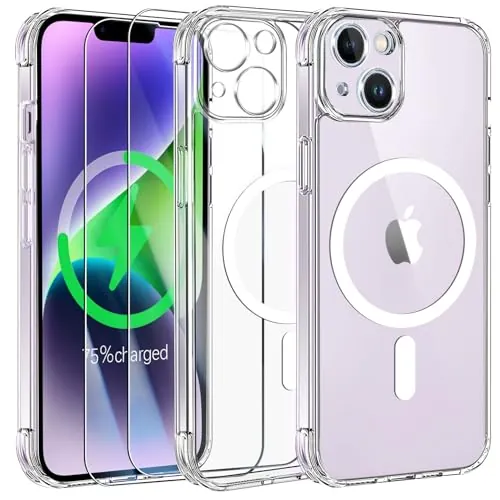 FLLAO Funda para iPhone 14, Compatible MagSafe, con 2 Piezas Protector de Pantalla Cristal Templado, [Protección de Cámara] Magnética Carcasa Translúcida Mate Trasera Fina Antigolpes, Transparente