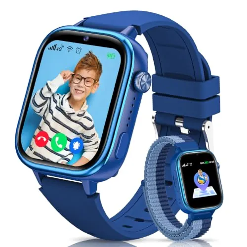Reloj Inteligente Niño con Videollamada, 4G Smartwatch Niño con GPS y Llamadas, SOS, Chat de Voz, Modo Escuela, Podómetro, Despertador, Monitor de Sueño IP68 Impermeable Regalo para Niños Niñas, Azul