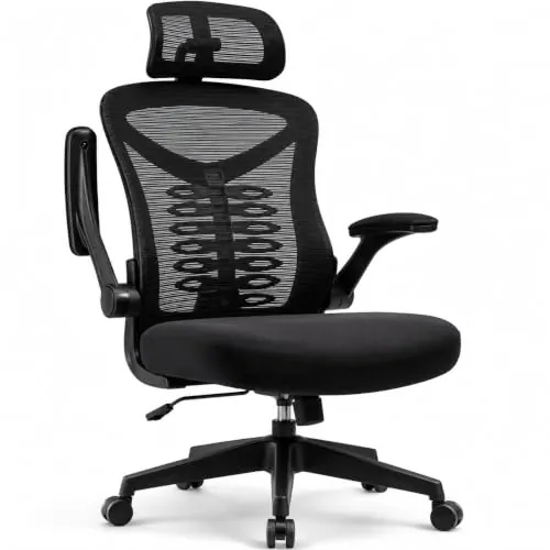 Magic Life Silla de Escritorio Sillas de Oficina Reposabrazos abatible de 90 ° Silla ergonómica para computadora Soporte Lumbar Altura Ajustable Giratoria de 360 ° Mecedora (Negro)
