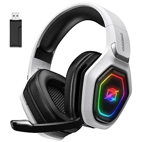 Ozeino Cascos Gaming Inalámbricos para PC/Ps5/Ps4, Auriculares Gaming Inalámbricos de 2,4GHz Wireless+Bluetooth, Baja Latencia Calidad de Sonido sin Pérdidas, Duración 30Hr+ Blanco