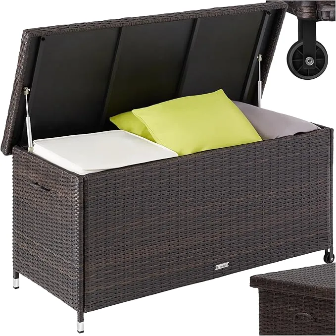 tectake ® Baúl de Almacenaje exterior para Jardín, Trenzado Duradero de Polirratán, 270L, Estructura de Acero, Muebles Jardin Exterior, 121x56x60 cm, 270L -