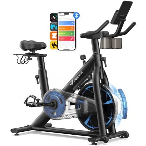 MERACH Bicicleta Estática con Resistencia Magnética, Bicicleta de Interior Silenciosa con Sillín de Aire Amortiguado, Monitor LED, App Propia, Marco en H Estable para Mayor Soporte, Capacidad 150KG