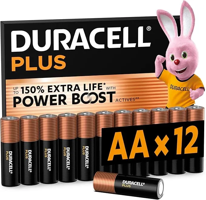 DURACELL Plus Pilas AA (Paquete de 12) – Pilas alcalinas 1,5 V – Hasta un 150 % de duración extra con activos POWER BOOST–Fiabilidad para dispositivos cotidianos–Envase con 0 % de plástico–MN1500