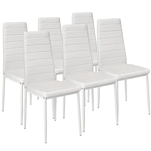 tectake® sillas de Comedor Acolchadas, Funda de Cuero sintético, Respaldo Alto, Patas de Acero, Montaje Sencillo, sillas Comedor Modernas, Muebles Salon Modernos, Silla nordica - 6 Sillas Blanco