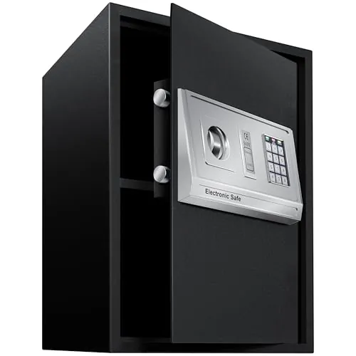 KESSER® Caja fuerte eléctrica - XXL, Grosor de la puerta 4 mm, Doble cerradura de pestillo, incl. Material de Montaje, Iluminación interior, Caja fuerte blindada, 50x35x34,5 / Negro