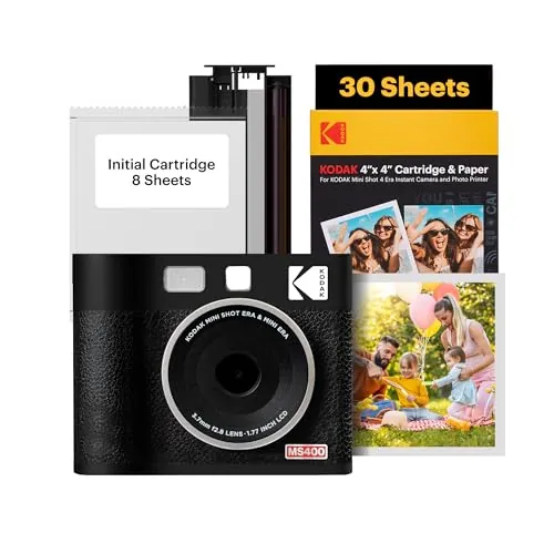 KODAK Mini Shot 4 ERA 4PASS 2-en-1 Cámara Instantánea e Impresora de Fotos (10x10cm) (Cámara + Pack con 68 Hojas (8 Hojas Iniciales + 60 Hojas), Negro)