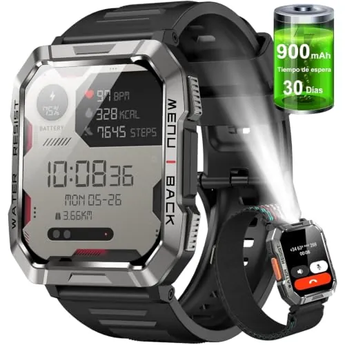 Reloj Inteligente Hombre con Linterna,Brújula,2 Correas,900 mAh Impermeable Smartwatch Hombre Militar de 2.01" con Llamadas,IP68 Smartwatch con 100+Modos Deportivos con Pulsómetro/Monitor(Android iOS)