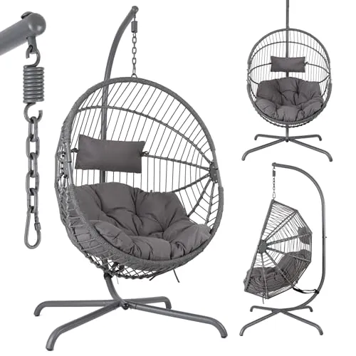 Arebos Silla Colgante de Jardín con Soporte, Sillón Huevo Exterior e Interior, Altura Regulable 160-180cm, Hamaca con Estructura de Acero 130kg, Incluye Cojines Relax para Terraza o Balcón, Color Gris