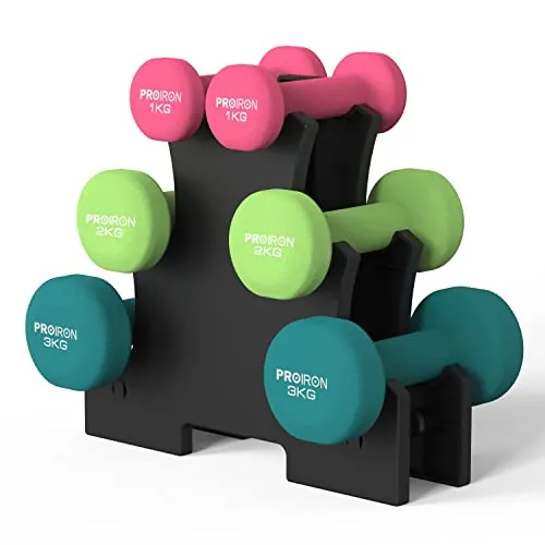 PROIRON Mancuernas de Neopreno Juego de 12kg Mancuernas 3 Pares de 2 x 1 kg, 2 x 2 kg y 2 x 3 kg con Soporte