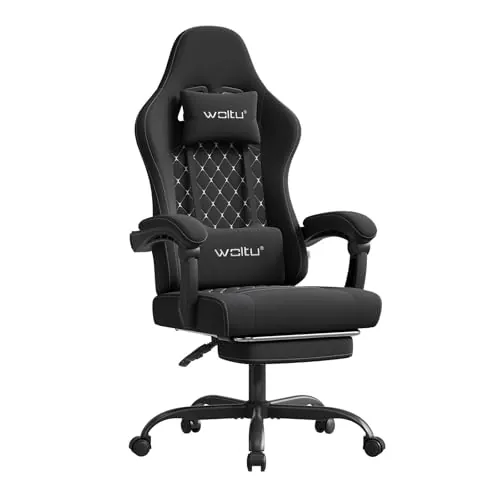 WOLTU Silla Gaming Ergonómica, Silla Oficina con Soporte Lumbar Masaje y Reposapiés Extraible, Silla Giratoria con Gran Asiento de Muelle, Capacidad de 150 kg, Tela Sintética, Gris+Amarillo