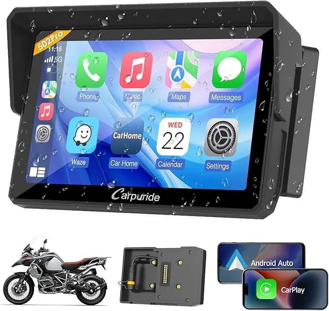 Carpuride W502B Pro para Moto B.-M-.WCarPlay y Android Auto y Bluetooth Dual, Navegación Impermeable de 5 Pulgadas para Moto, Compartir Música, Intercomunicador, Sensor de Luz, Brújula, Barómetro