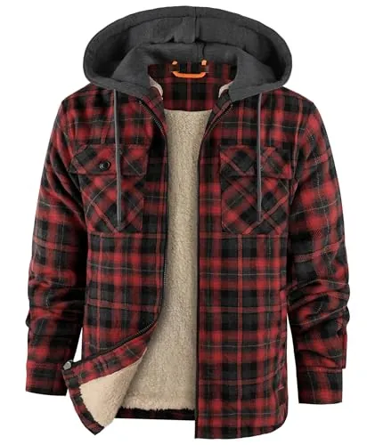 zitysport Camisa Hombres Sherpa Fleece Cuadros Forrada Chaqueta de Invierno Forro Polar Abrigo Bolsillos Chaqueta de Franela Camisa de Exteriores Hombre Sudadera con Capucha(Rojo Negro Gris M)