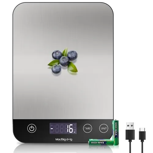 [ Recargable y 15KG ] Bascula Cocina Digital de, Balanza Cocina USB C de Acero Inoxidable, Peso de Cocina Precisión de 1g, Bascula de Cocina Multifuncional con Función de Tara