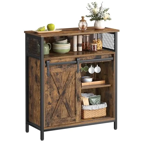 VASAGLE Aparador, Armario de Cocina, Armario de Almacenamiento, con Puerta Corredera, 30 x 70 x 80 cm, Estantes Ajustables, para Salón, Marrón Rústico y Negro Tinta LSC089B01