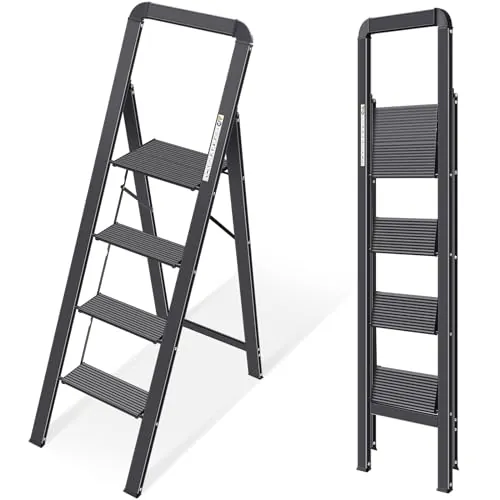 KINGRACK Escalera de Tijera 4 peldaños Plegable de Aluminio, Escalera Doméstica Estrecha con Pasamanos, Mecanismo Antiplegado, Uso Hogar Cocina Despensa Oficina, Ahorro de Espacio y Portátil, Negro