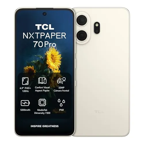 TCL NXTPAPER 70 Pro Smartphone 5G - Dorado | Pantalla 6,9" FHD+ 120Hz NXTPAPER 4.0 | CPL Antirreflectante | Protección Ocular | Cámara 50 MP OIS | 8 GB + 512 GB | Dimensity 7300 | MuseFilm