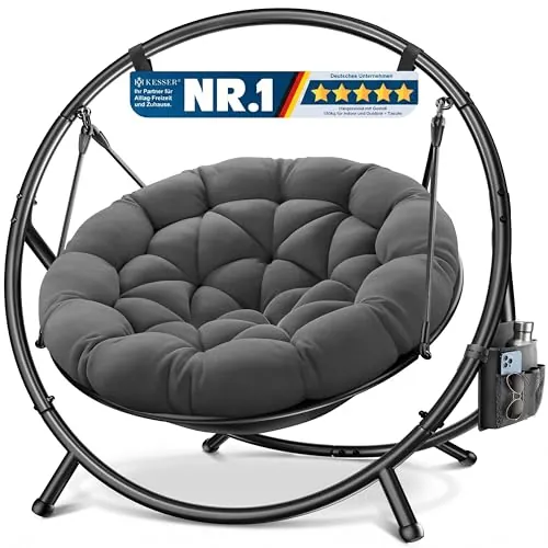 KESSER Silla colgante con estructura Bali, columpio colgante de hasta 150 kg, para interior y exterior, cojín y bolsillo lateral, cesta colgante, estructura de acero y cojín de espuma, ideal para
