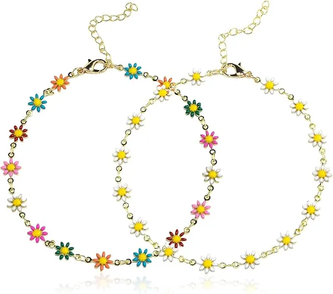 Tobilleras Margaritas Pequeñas Florales para Mujer, Estilo Boho con Joyería para Pies Ajustable