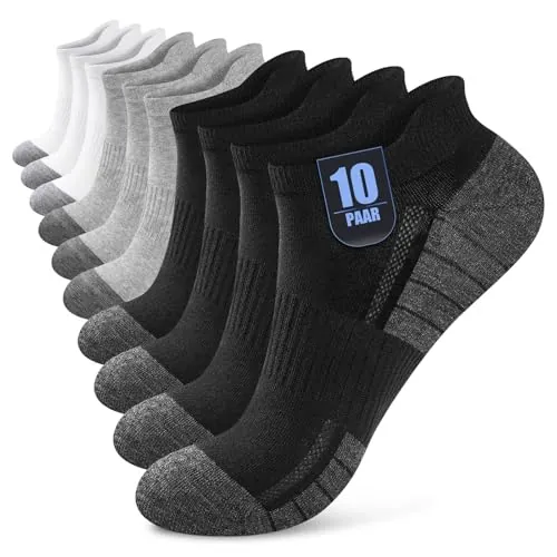 Effeet 10 Pares Calcetines Tobilleros Hombre Mujer, Calcetines Cortos Algodón Transpirables, Ideales para Deporte, Correr, Casa, Trabajo, Verano, Negro Blanco Gris 39-42