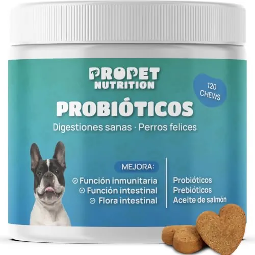 Probioticos Perros + Prebióticos + Aceite de Salmón (360 G.) Salud Intestinal Óptima. 120 Masticables. Previene y Refuerza Bienestar Gastrointestinal en Perros. 100% Natural. Delicioso Sabor a Pollo