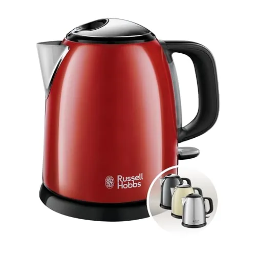 Russell Hobbs Hervidor de Agua Eléctrico Colours Plus - 1 litro, Hervidor Pequeño, 2400 W, Filtro Extraíble, Zona de Ebullición Rápida, Base de 360°, Indicador Nivel de Agua, Inox., Rojo - 24992-70