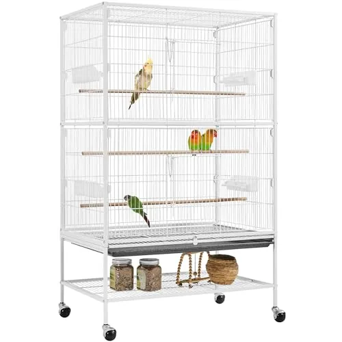 Yaheetech Jaula Grande para Pájaros con Ruedas, 79 x 52 x 132 cm Blanco | con Bandeja Extraíble y Estante de Almacenamiento Unisex, Hierro
