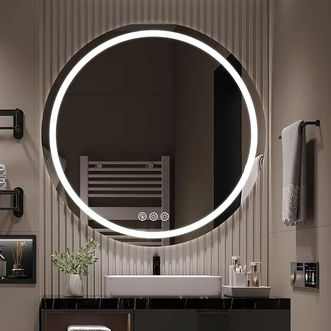 Ratsamee Espejo Baño con Luz Redondo 70cm, Espejos de Baño con LED con Antivaho, Regulable, 3 Colores Luz, Función Memoria